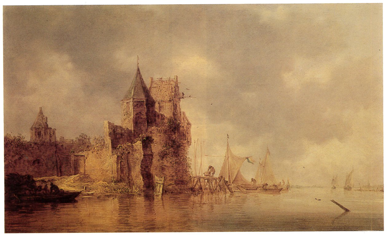 İskelede yelkenli gemiler ve ön planda bir kayık ile bir kale surunda bir ortaçağ kulesi, c.1642 (panelde yağlı boya) by Jan Josephsz van Goyen