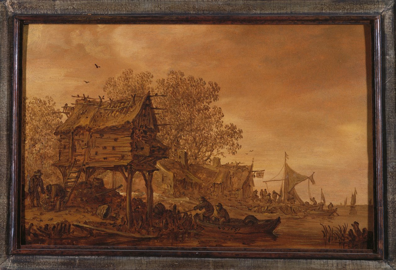 Nehir kıyısında, bir güvercinliğin yanında bir teknede köylülerin olduğu bir köy, 1651 by Jan Josephsz van Goyen