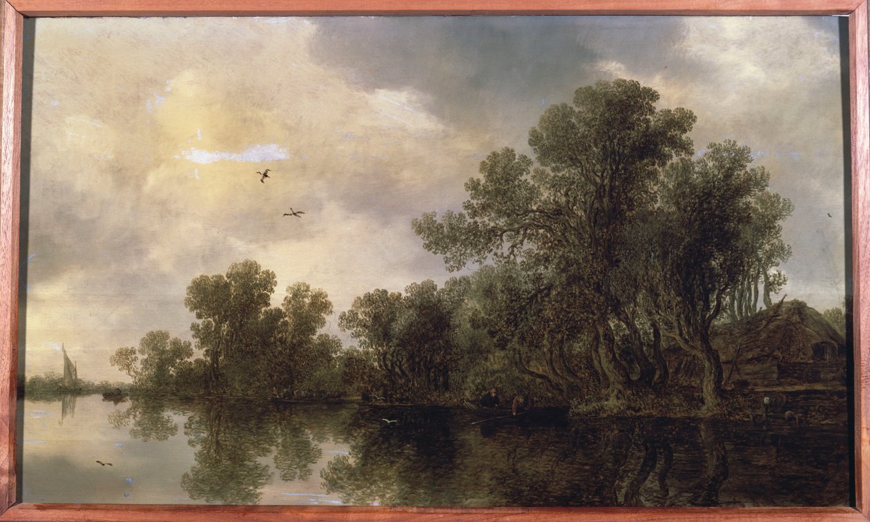 Ormanlık bir nehir manzarası, bir kulübede ve bir feribotta kayıkta köylüler, uzakta bir yelkenli tekne, 1633 by Jan Josephsz van Goyen