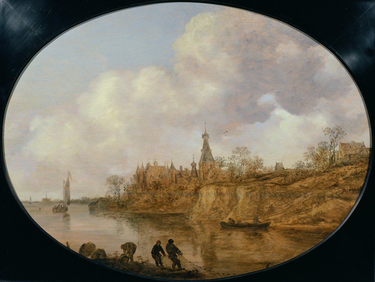 Uzakta Bir Kale ve Köy ile Bir Nehir Peyzajında Ağ ve Sepetleri Çeken Üç Balıkçı by Jan Josephsz van Goyen