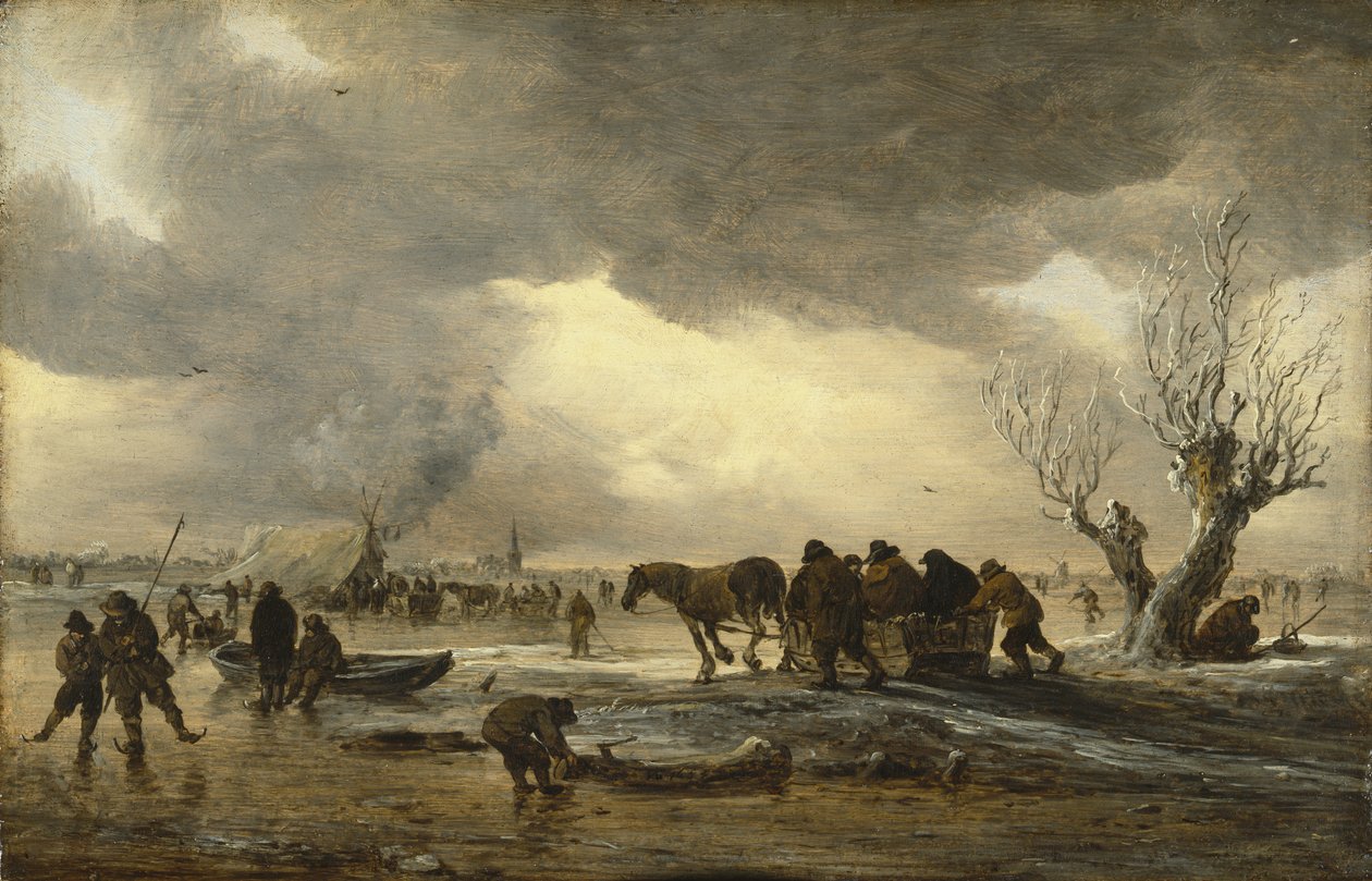 Ön planda bir kızak ve buz üzerinde bir çadırın etrafında toplanan figürler ile kış sahnesi by Jan Josephsz van Goyen