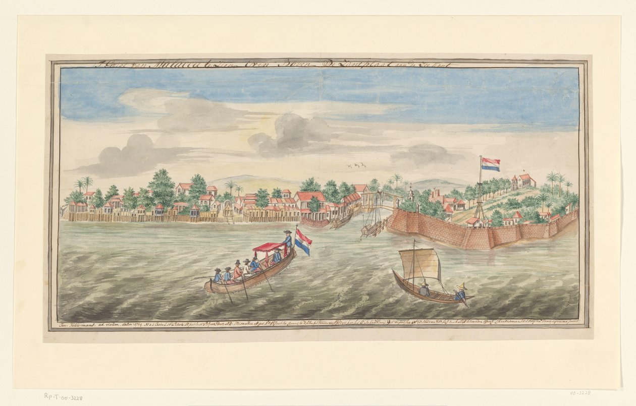 Malacca'nın denizden görünümü 't Gezigt van Malacca deniz tarafındaki kum levhasının hemen üzerinde görülüyor (nesnedeki başlık) by Jan Keldermans