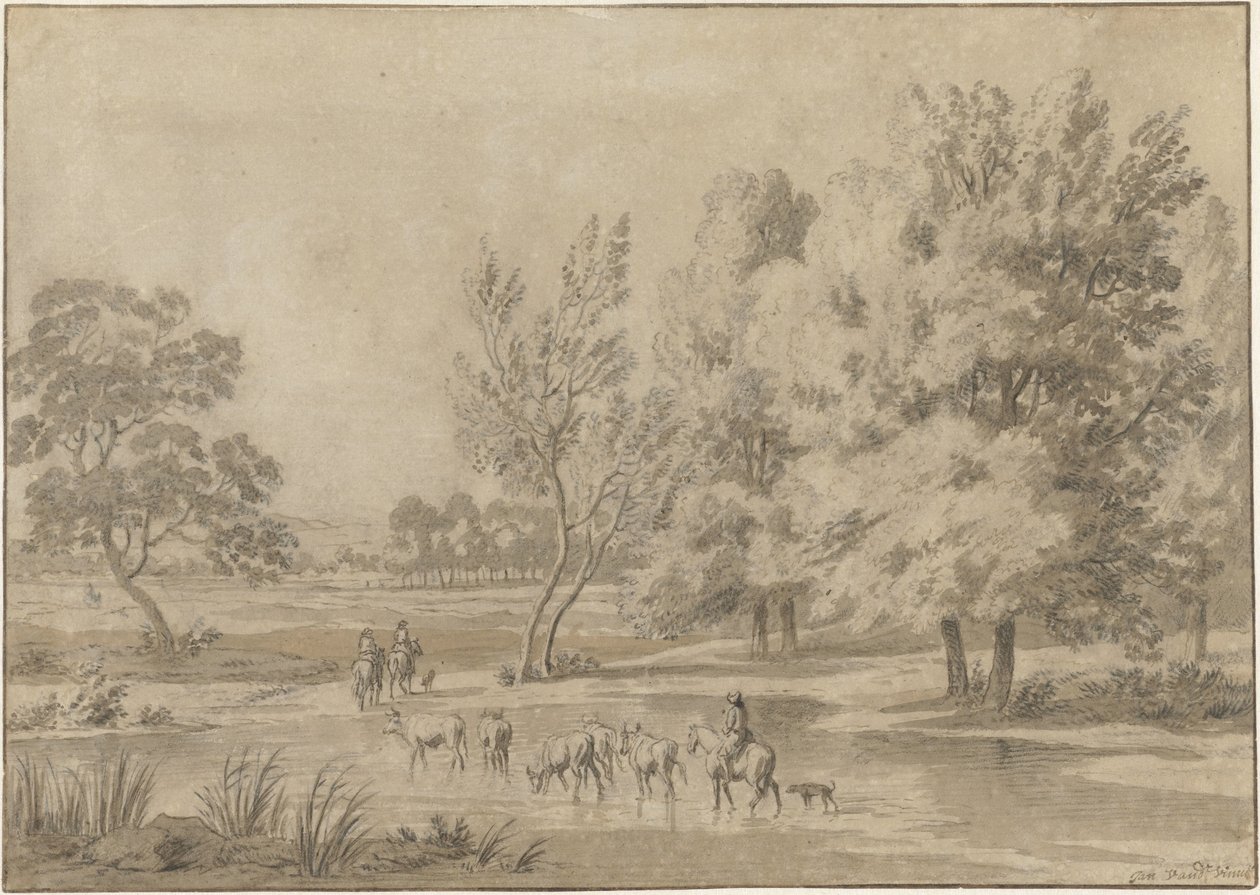 Sulama yerinde ağaçlar, biniciler ve bazı inekler ile manzara by Jan Laurensz. van der Vinne