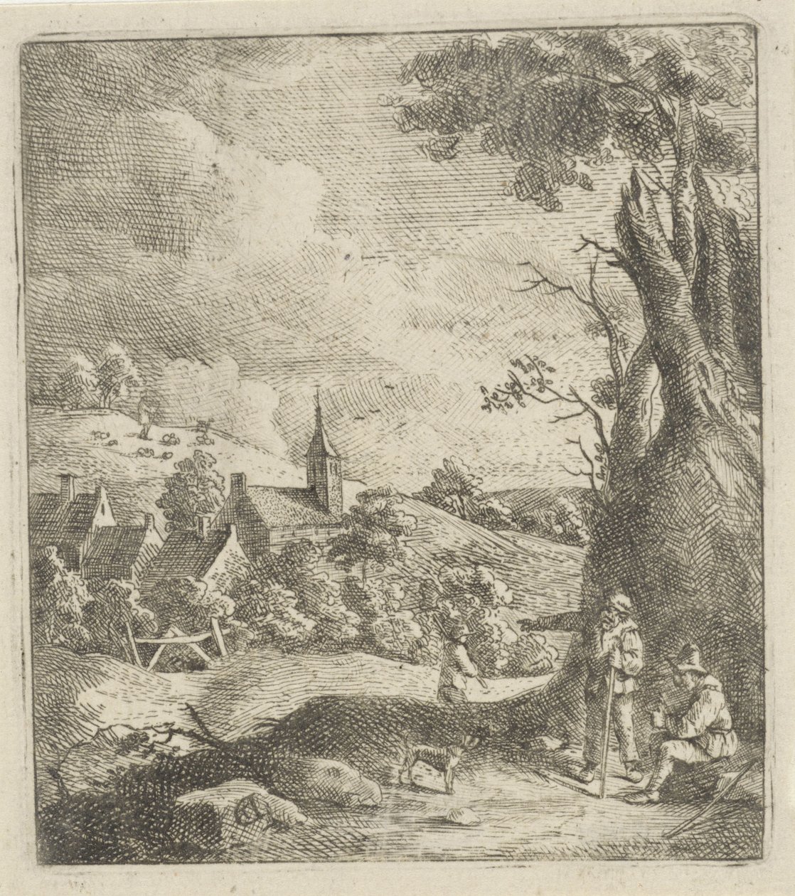 Bir köy ve bir ağacın yanında iki adamla manzara by Jan Lauwryn Krafft (I) (attributed to)