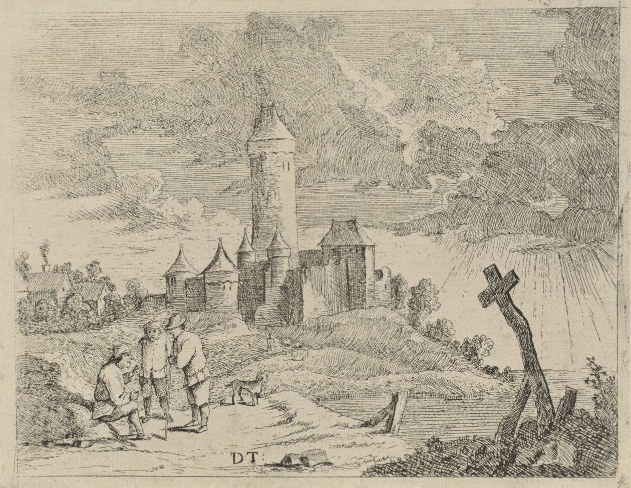 Kale ve üç adam ile manzara by Jan Lauwryn Krafft (I) (possibly)