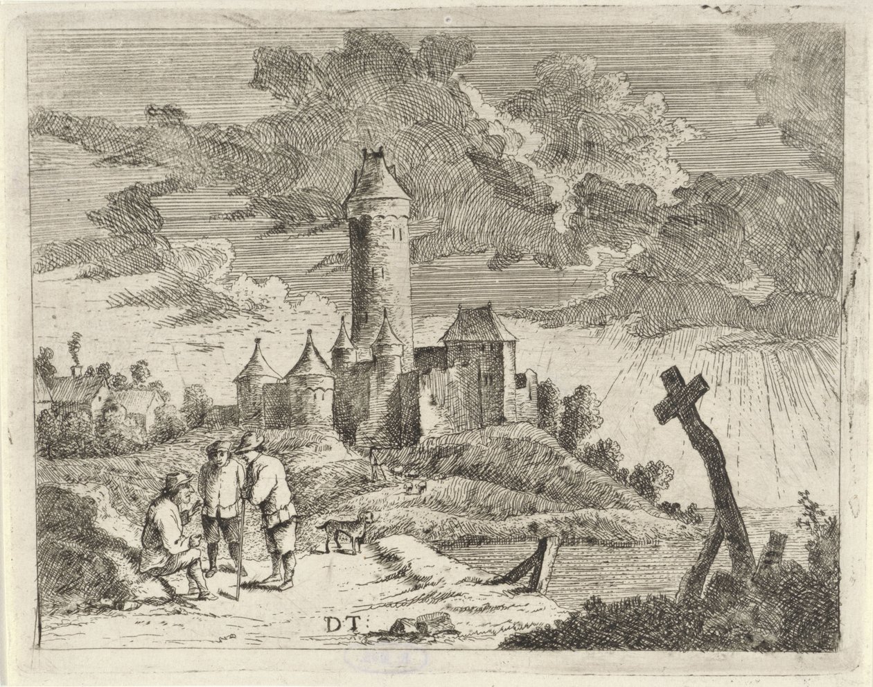 Kale ve üç adam ile manzara by Jan Lauwryn Krafft (I) (possibly)