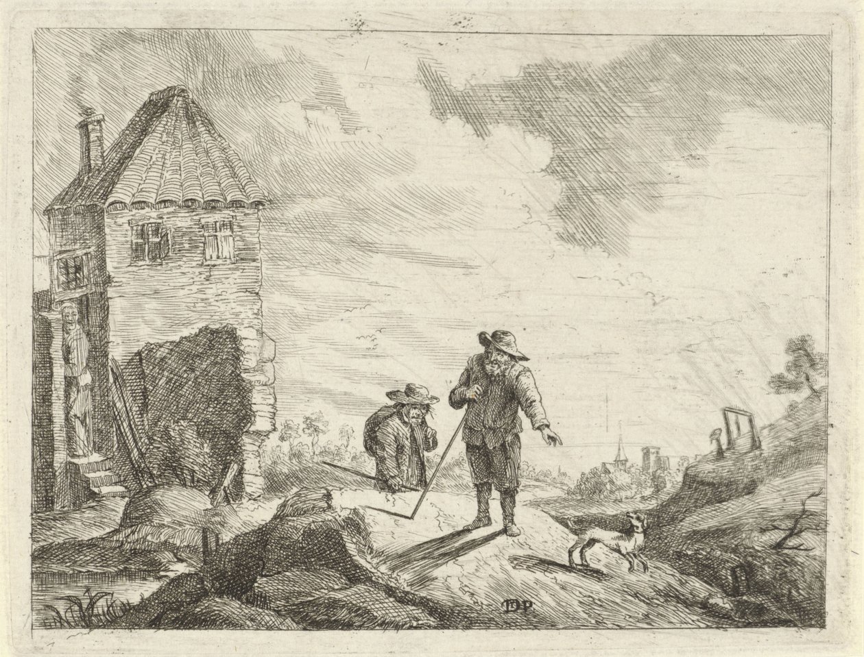 Köy yolunda köpeği olan iki çiftçi by Jan Lauwryn Krafft (I) (possibly)