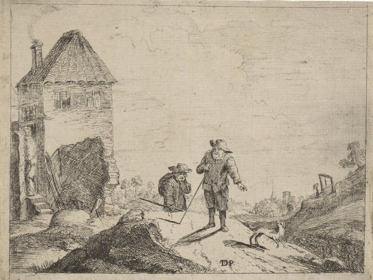Köy yolunda köpeği olan iki çiftçi by Jan Lauwryn Krafft (I) (possibly)