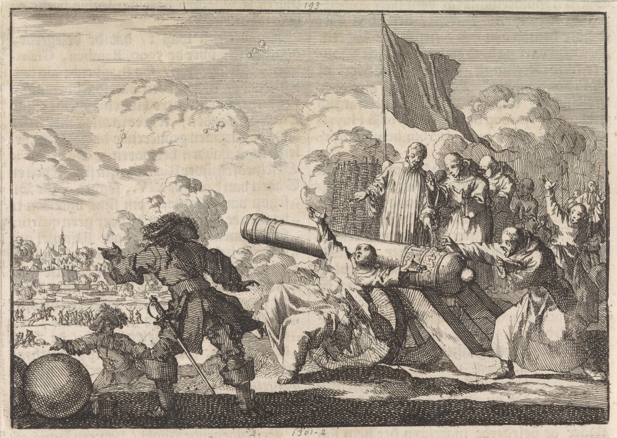 Bir topun altı keşiş tarafından kutsandığı Groningen Kuşatması, 1672 by Jan Luyken