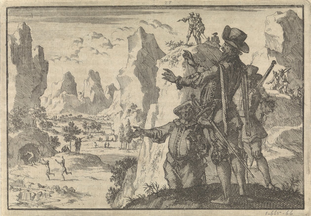 Silahlı İspanyollar tamamen vahşi insanlara kayalardan bakıyorlar, yaklaşık 1600 by Jan Luyken