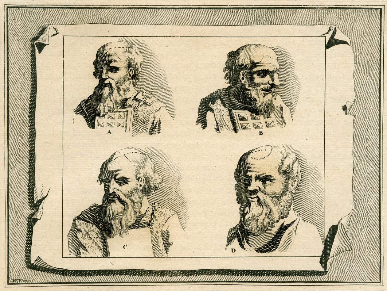 Yağla meshetme töreninin bir parçası olarak Başrahibin başına çizilmiş Yunan harfleri, 1700 by Jan Luyken