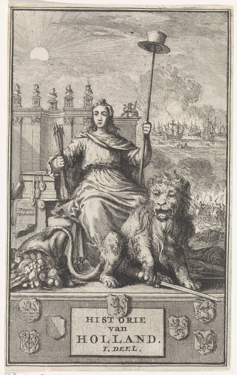 Dutch Virgin Başlık sayfası: F. de la Neuville, History of Holland vol. ben, 1704 by Jan Luyken