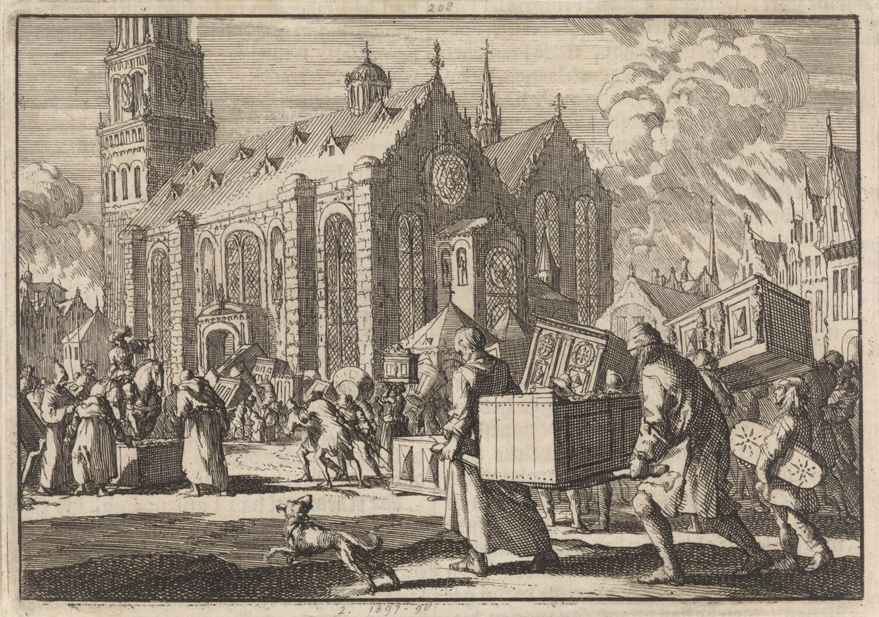 Spiers sakinleri iyi niyetle mobilyalarını katedrale getirirler ve burada daha sonra Fransız general Monclar tarafından yakılır, 1689 by Jan Luyken