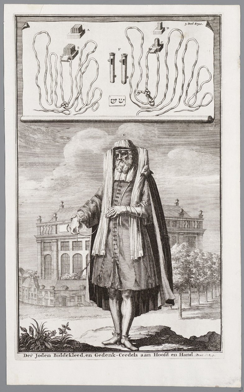 Yahudi adam, dua için giyinmiş. Arka planda Amsterdam Portekiz Sinagogu by Jan Luyken