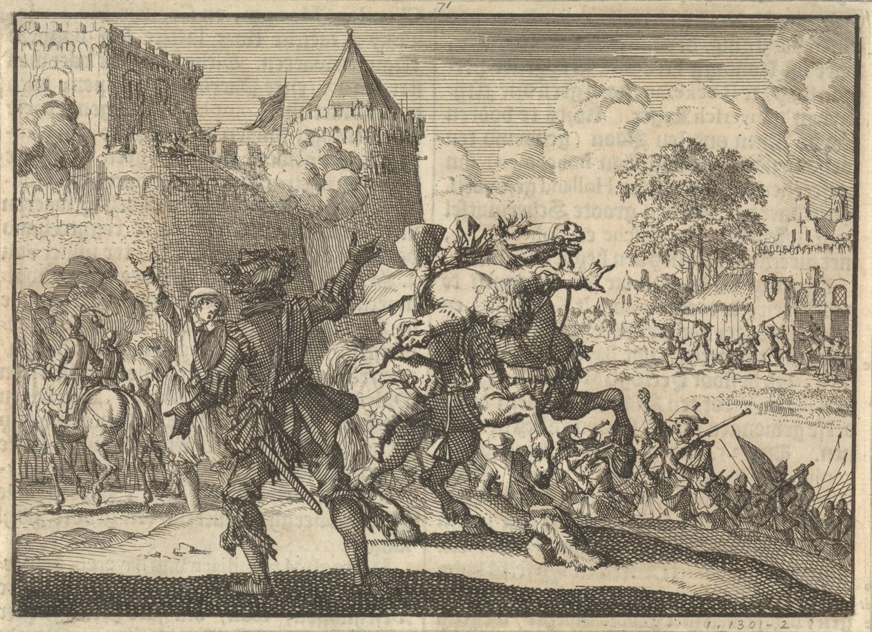 İmparatorluk Komutanı Dampier, Presburg (Bratislava) surlarından bir kurşunun ardından atından düşüyor, 1620 by Jan Luyken