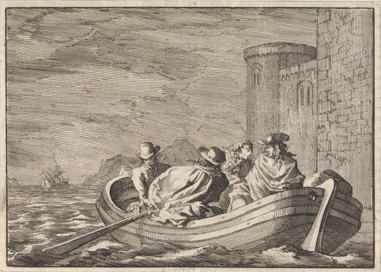 Kral II. James, geceleri bir kayıkla kaçıyor, 1688 by Jan Luyken