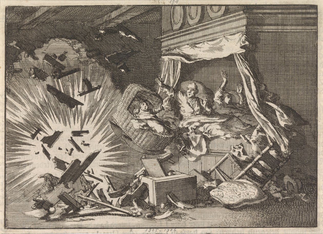 Groningen'deki Ebbingestraat'taki bir evde bomba patlaması, 1672 by Jan Luyken