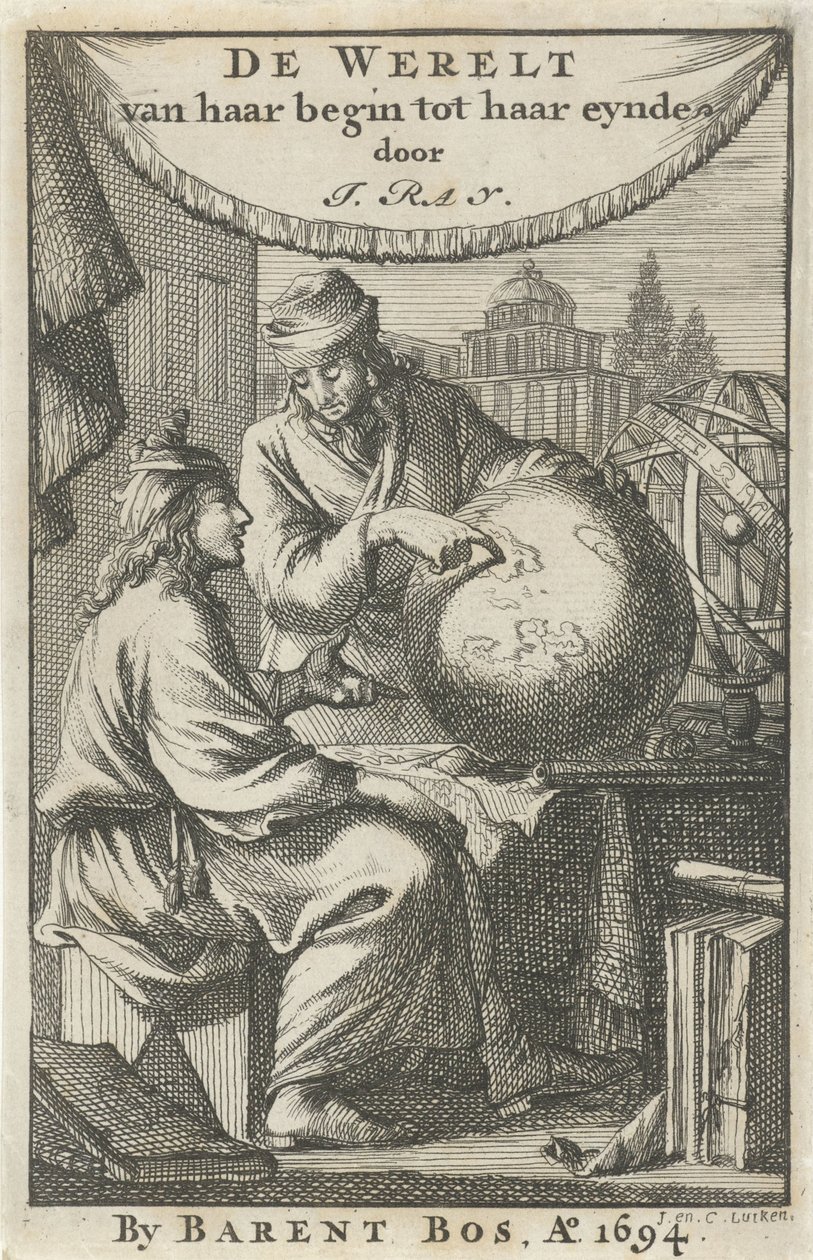 İki adam bir küreyi inceliyor Başlık sayfası: J. Ray, Başından Sonuna Kadar Dünya, 1694 by Jan Luyken