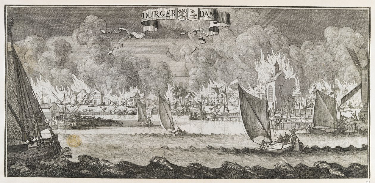 1687 yangını sırasında Amsterdam yakınlarındaki Durgerdam köyünün görünümü (gravür) by Jan Luyken