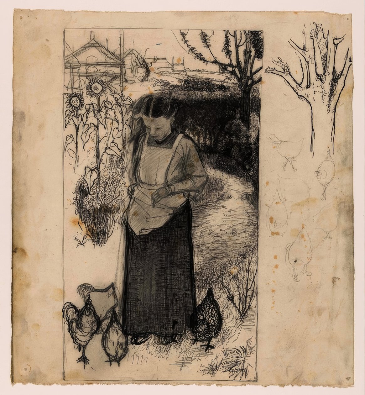 Annie Mankes-Zernike tavukları besliyor, sağda: ağaç ve tavuk çalışmaları by Jan Mankes