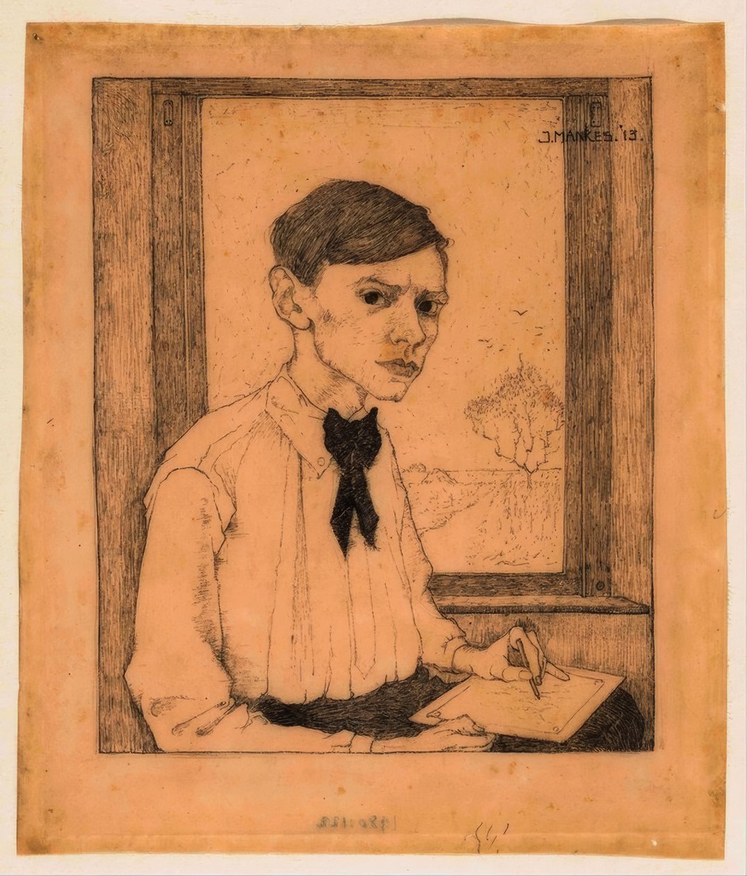 Kendi portreniz, dörtte üçü sağda, pencerenin önünde çizim yaparken by Jan Mankes