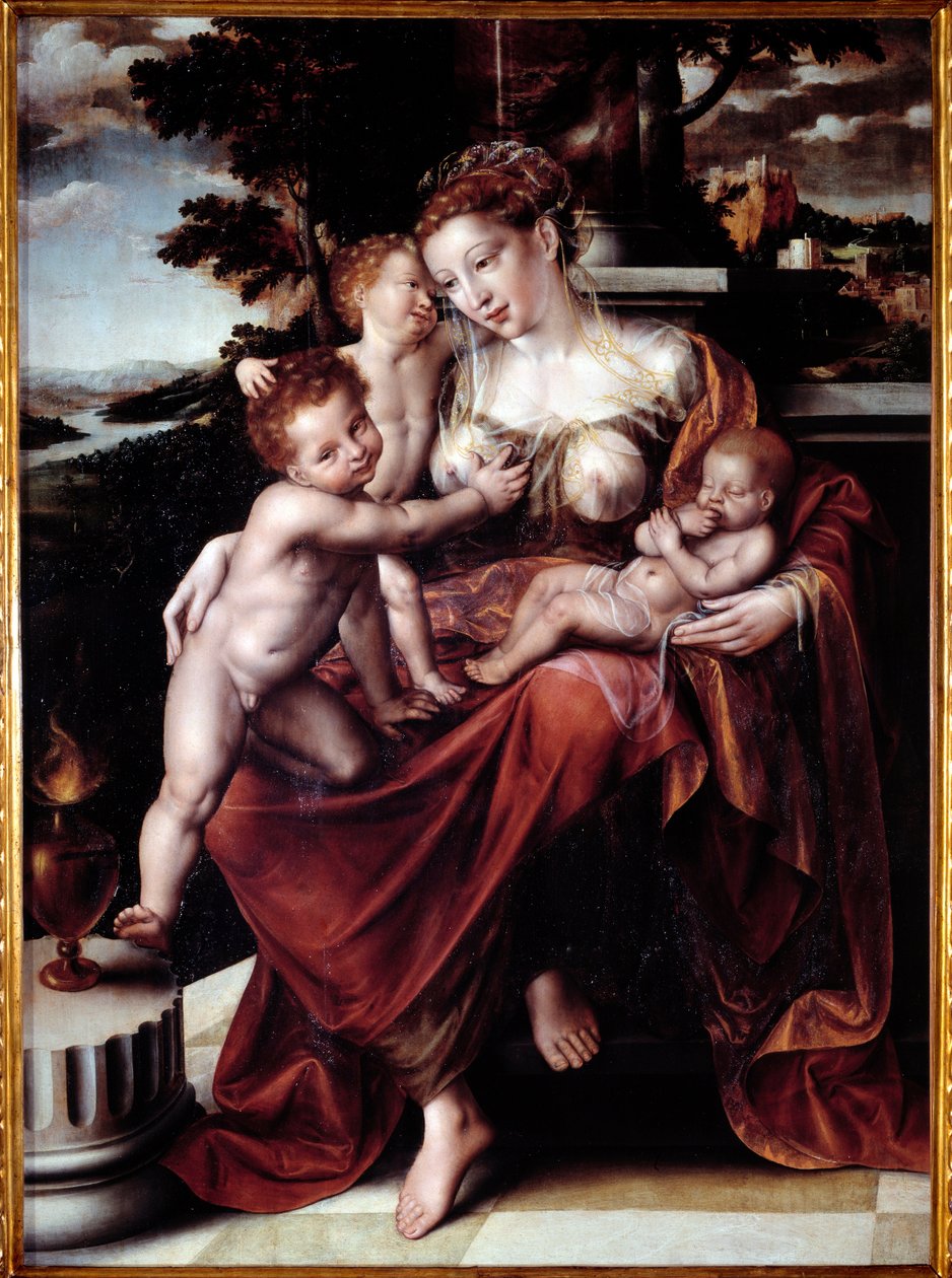Hayırseverlik Alegorisi (Birkaç bebeği besleyen kadın) Tablo Jan Metsys (veya Massys) (1509-1575) Dim 120x90 cm Genler, Musei di Strada Nuova (eski Palazzo Bianco) by Jan Massys or Metsys
