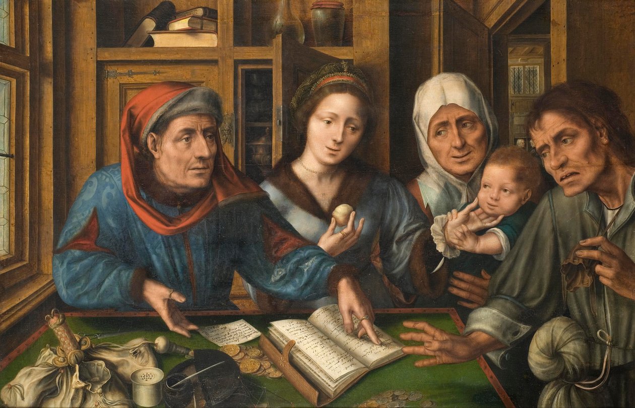 Kiracılar Ofisi, 1514 (ahşaptan tuval üzerine yağlıboya) by Jan Massys or Metsys