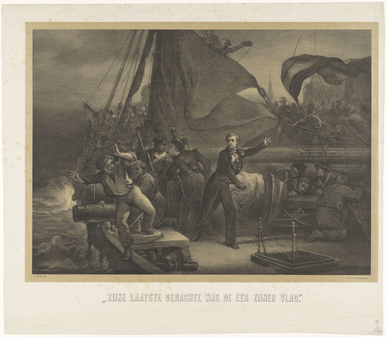 Jan van Speijk sigortayı beklemeye almak üzere, 1831 Son düşüncesi bayrağının onuruydu (nesne üzerindeki başlık) by Jan Mesker
