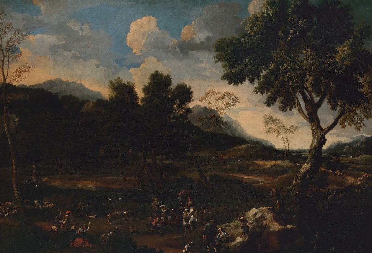 İki Koç Arasında Bir Savaşla Manzara, ca. 1640. by Jan Miel