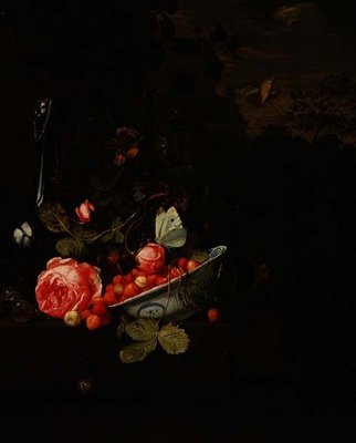 Yabani Çilek, Gül ve Cam Şişeden Natürmort, 1690 by Jan Mortel