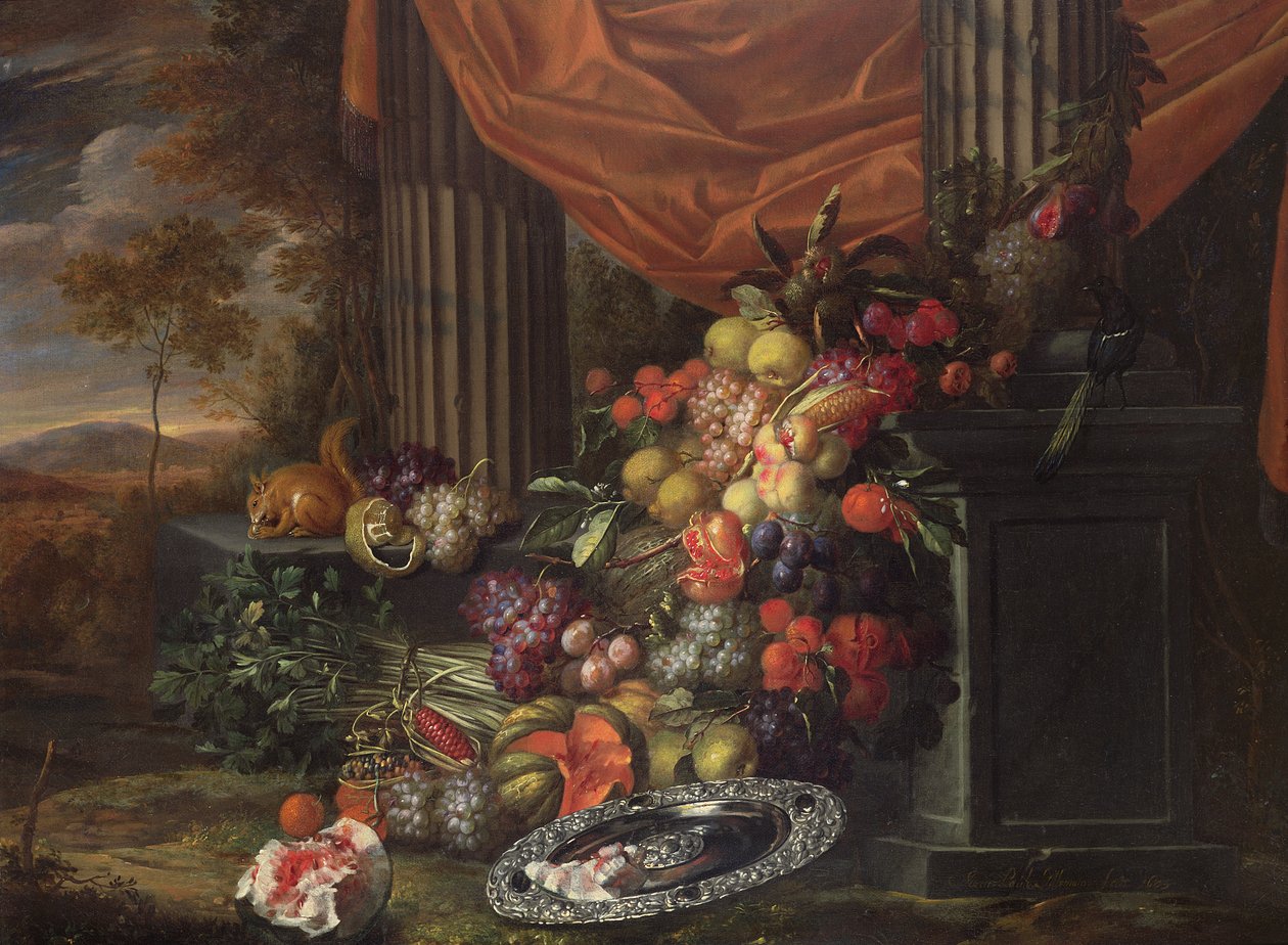 Peyzaj ortamında meyve natürmort by Jan Pauwel the elder Gillemans