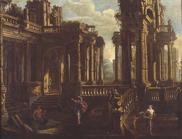 Bir savaşçı, bir satir ve bir periyi kovalayan Cupid ile klasik harabelerin bir capriccio