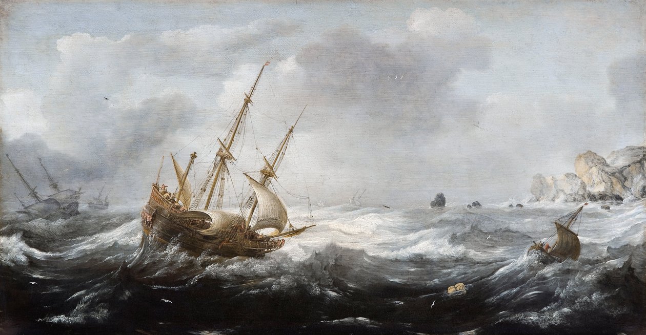 Kayalık Sahilde Fırtınada Gemiler, 1614-1618 by Jan Porcellis