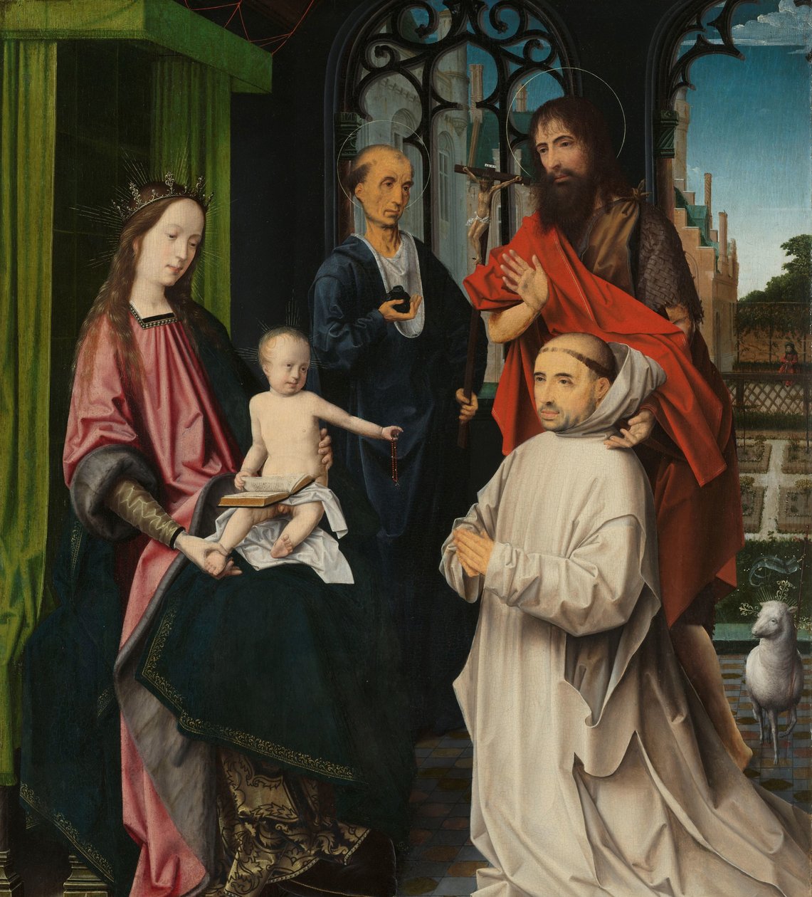 Bakire ve Çocuk Enthroned, Aziz Jerome ve Vaftizci Yahya ve bir Carthusian Keşiş ile Madonna, Aziz Jerome ve Vaftizci Yahya ve diz çökmüş bir Carthusian keşiş ile tahta çıktı by Jan Provoost (attributed to)
