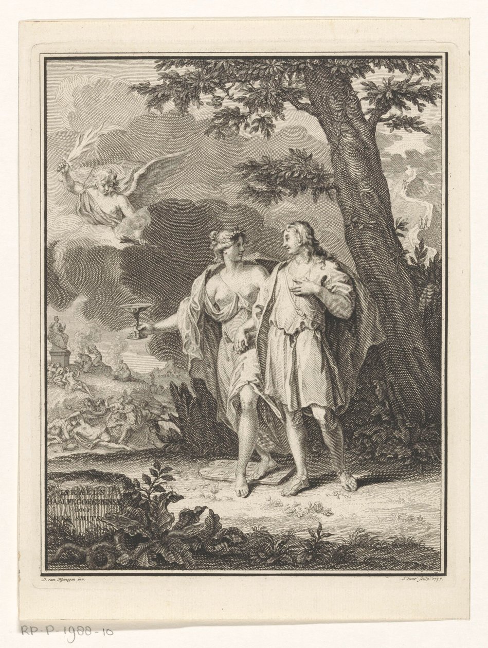 şehvet genç bir adamı baştan çıkarır Başlık sayfası: Dirk Smits, Israëls Baalfegorsdienst veya Cezalandırılmış şehvet, 1737 by Jan Punt