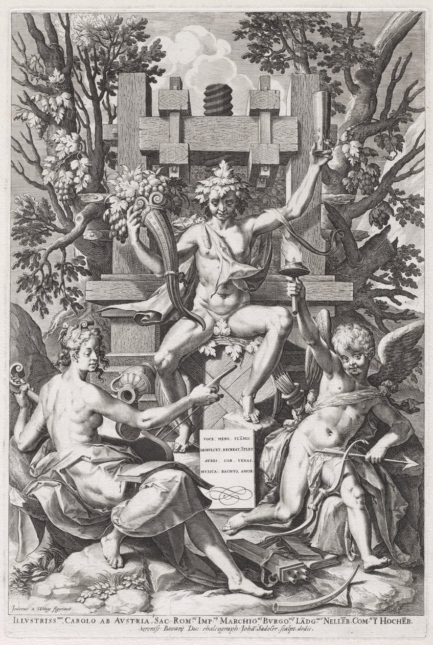 Amor ve Müzik Arasında Bir Fıçı Üzerinde Oturan Bacchus by Jan Sadeler I, after Joos van Winghe