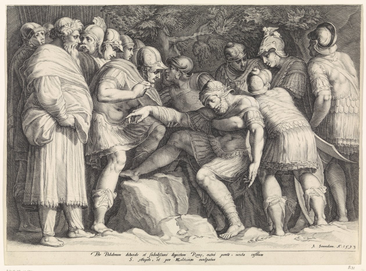 Scipio, oğulları tarafından savaş alanından taşınır. by Jan Saenredam