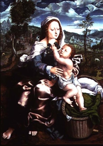 Madonna ve geniş bir arazide oturan çocuk by Jan Sanders van Hemessen