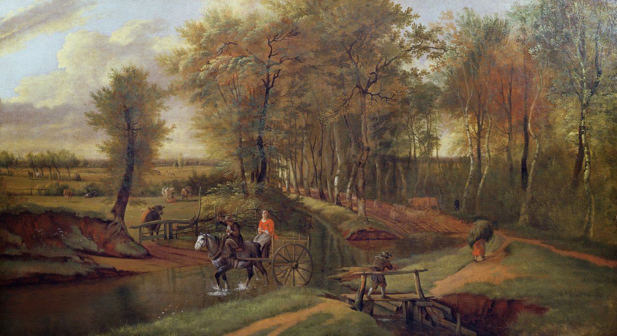 Figürler, At ve Araba ile Ormanlık Bir Nehir Manzarası, 1692 by Jan Siberechts
