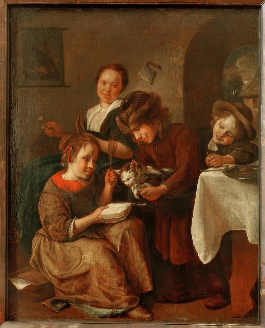 Çocuklar bir kediye okumayı öğretiyor by Jan Havickszoon Steen
