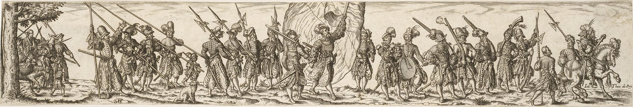 Asker treni, ortada bir bayrak taşıyıcısı by Jan Theodor de Bry