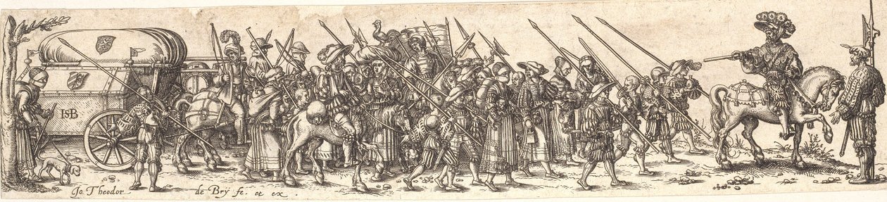 Askerlerin inandığı, önünde at sırtında bir subay by Jan Theodor de Bry
