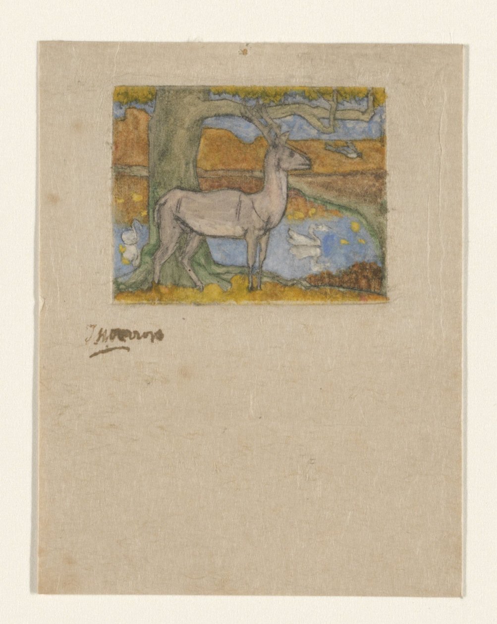 Bir göletin önündeki ağacın yanında geyik Bir ağacın yanında geyik (orijinal başlık) by Jan Toorop (signed by artist)