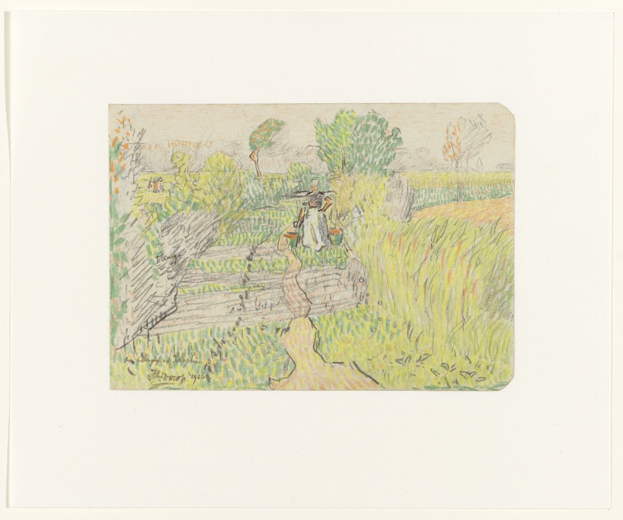 Omuzlarında süt kovaları olan bir boyunduruğu olan bir mısır tarlasında yürüyen köylü kadın by Jan Toorop
