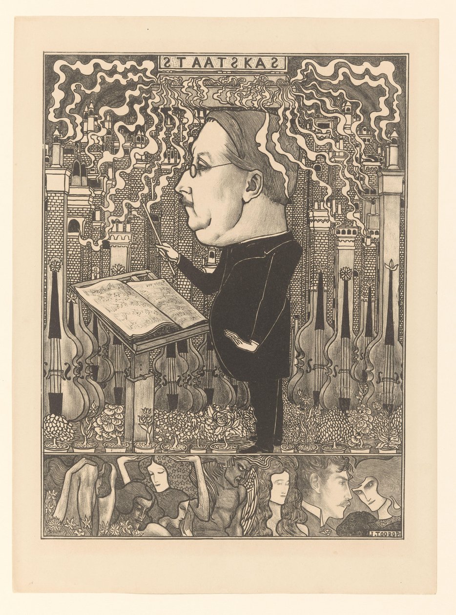 Arkasında kemanlar ve dumanı tüten bacalar olan şef Devlet Hazinesi / Ocak Şehirleri (orijinal başlık) by Jan Toorop