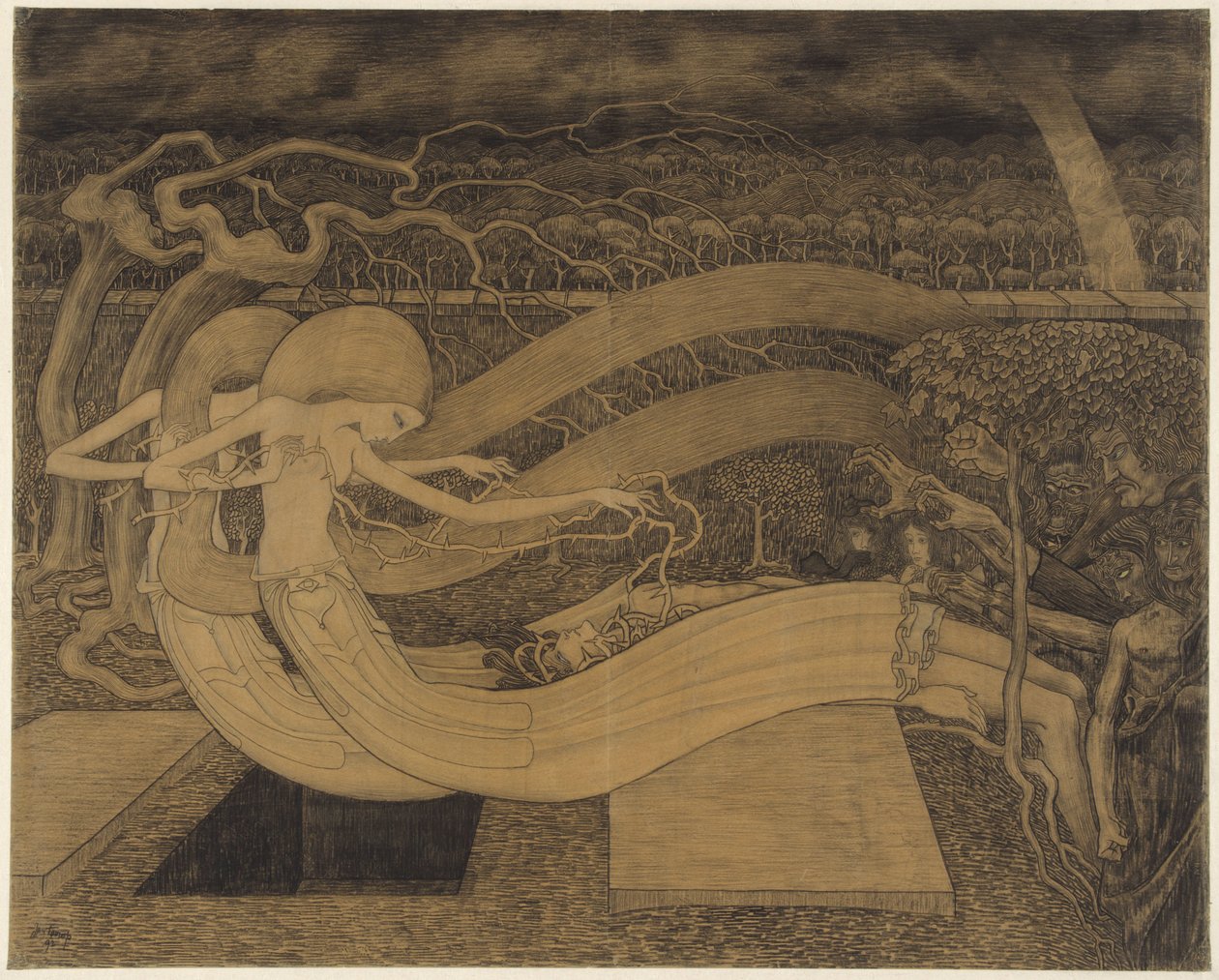 Ey Mezar, Zaferin nerede? Bir erkeğin yanında iki kadın ve açık bir mezar Ey Mezar, Zaferin Nerede? by Jan Toorop