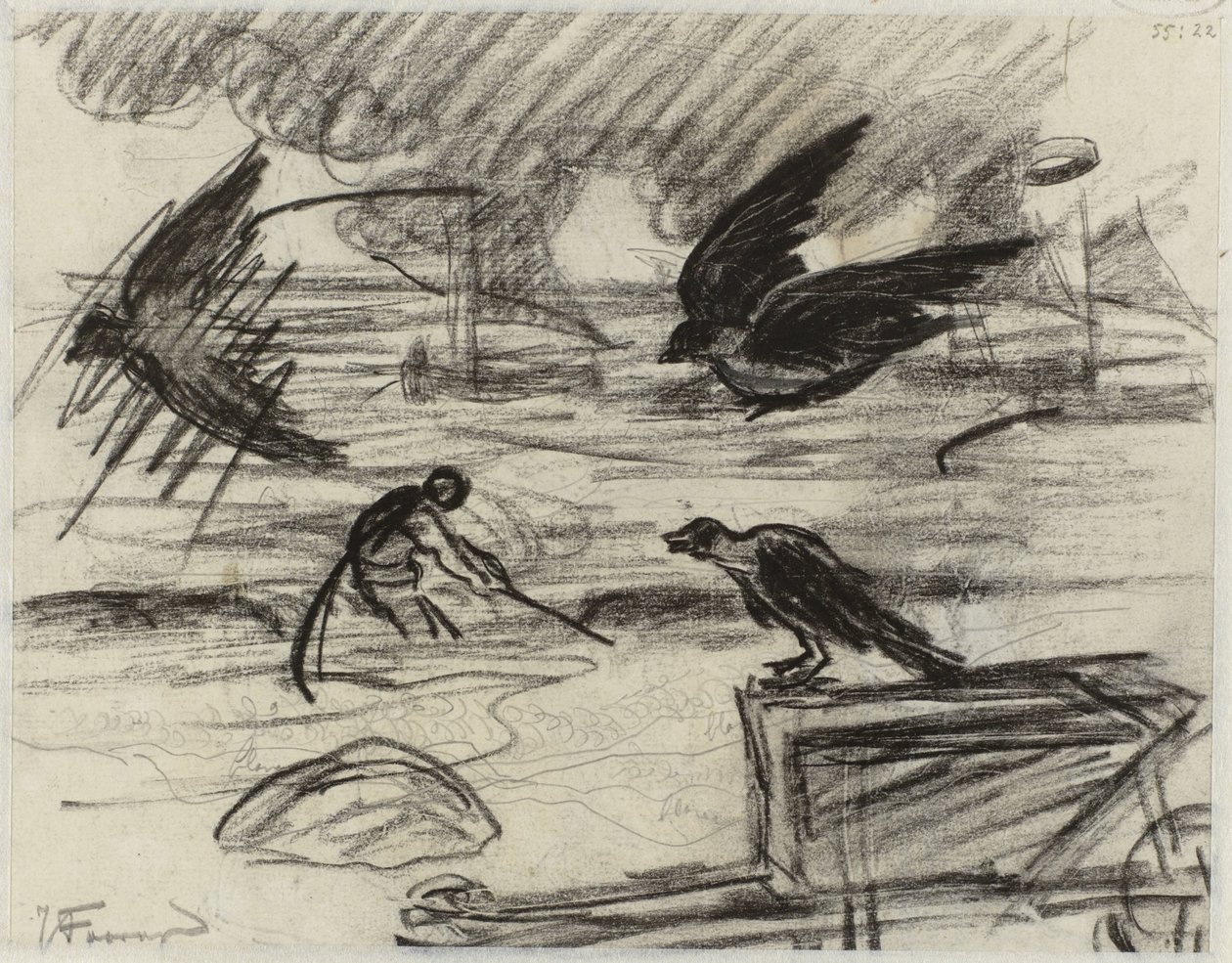 Balıkçı ile deniz manzarası, ön planda kuşlarla dolu bir el arabası by Jan Toorop