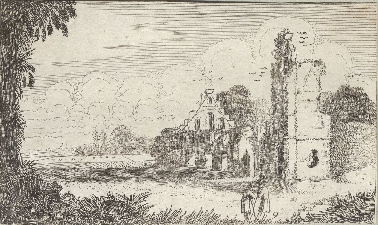 Yıkılmış bir kilise ve sohbet eden iki çoban ile manzara by Jan Van de Velde