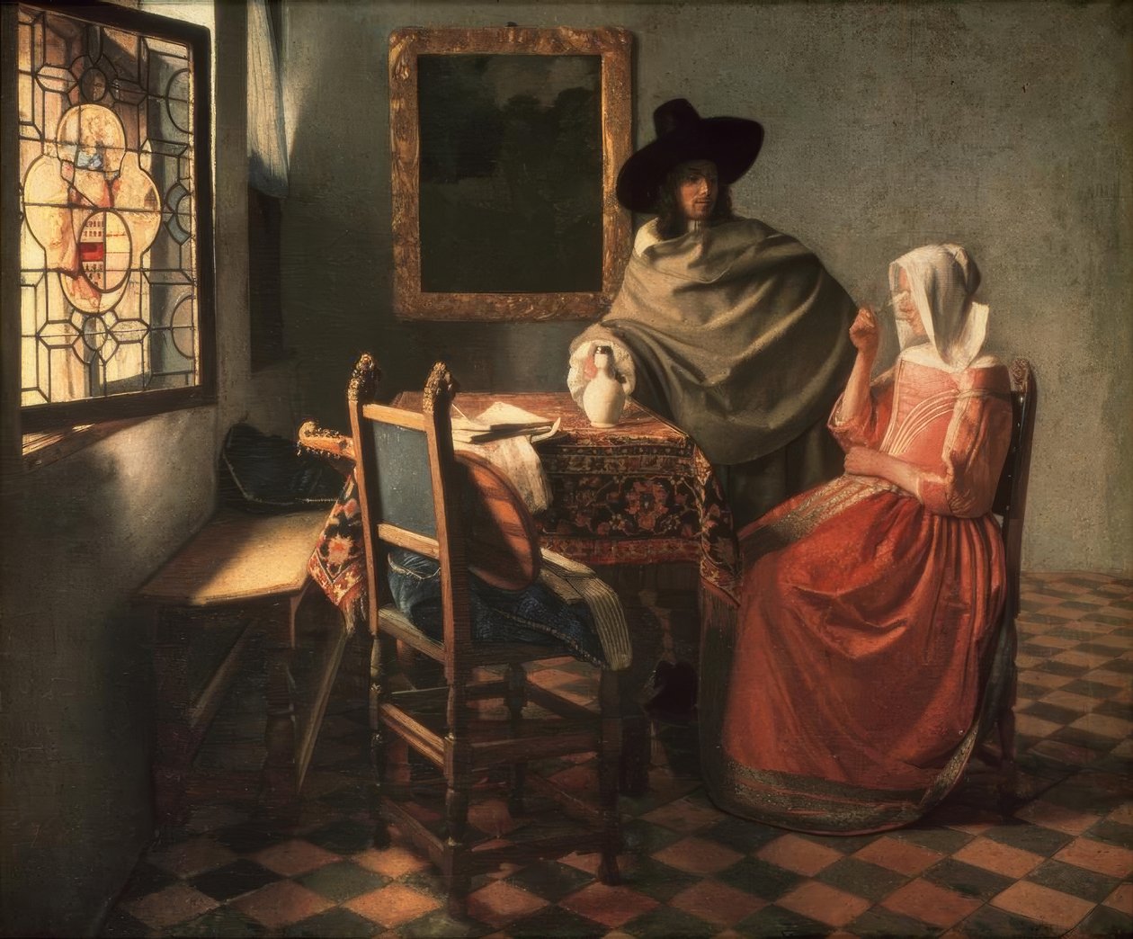 Beyefendi ve hanımefendi şarap içiyor by Jan Vermeer van Delft