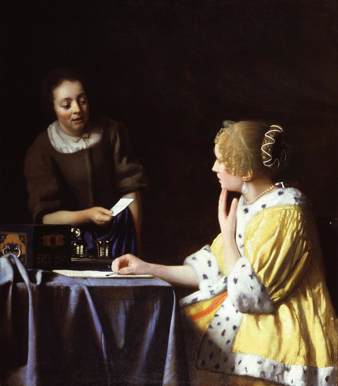 Hizmetçisi elinde bir mektup tutan kadın by Jan Vermeer van Delft